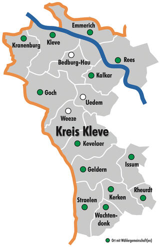 Übersichtskarte der Wählergemeinschaften im Kreis Kleve
